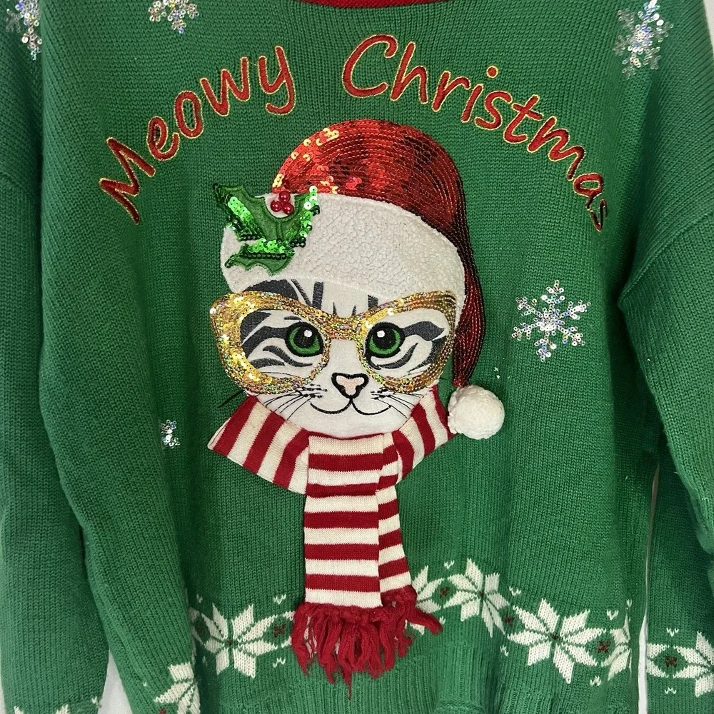Love Always Sweater Women Size 1X Merry Christmas Ugly Sweater Cat Scarf Glasses